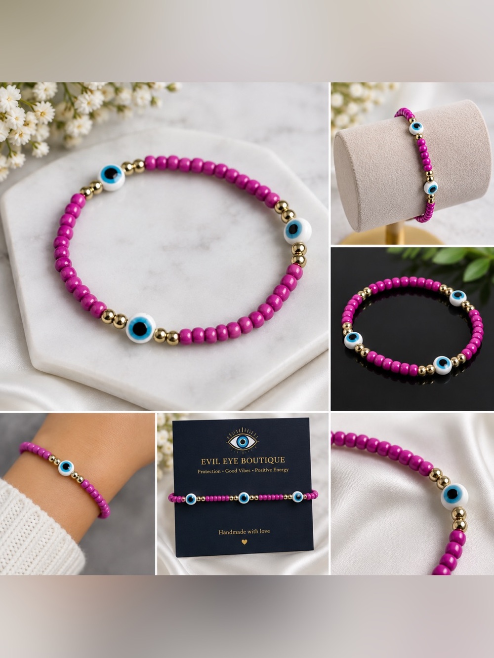 Pink Magenta Beaded Evil Eye Bracelet #53